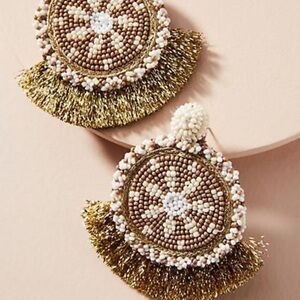 NWT Olivia Dar Gold and Cream Statement Earrings with Intricate Beaded Design